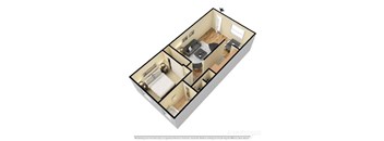 A 3D floor plan of a house with a kitchen, living room, and two bedrooms.