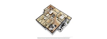 A 3D floor plan of a house with a kitchen, living room, and bedrooms.