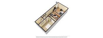 A 3D floor plan of a small apartment with a kitchen, living room, and bathroom.