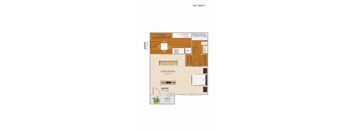 A floor plan of a one bedroom apartment with a living room, kitchen and bathroom.
