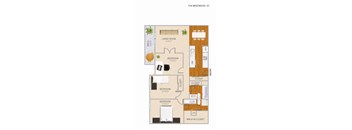 A floor plan of a one bedroom apartment with a living room, two bedrooms and a bathroom.