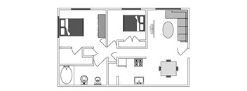 A floor plan of a house with a kitchen, living room, and bathroom.