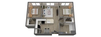A 3D floor plan of a small apartment with a kitchen, living room, and bedroom.