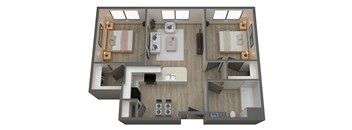 A 3D floor plan of a house with a living room, kitchen, and two bedrooms.