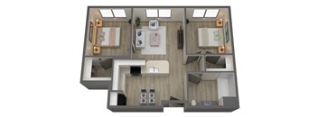 A 3D floor plan of a house with a living room, kitchen, and two bedrooms.