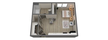 A 3D rendered image of a small apartment layout.