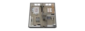 A 3D image of a small apartment with a bedroom, living room, and kitchen.
