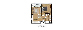 A diagram of a living space with a kitchen, bathroom and bedroom.