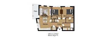 A floor plan of a 855 square feet apartment with a living room, kitchen, two bedrooms, a bathroom, and a patio.