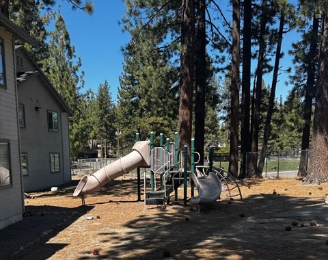 A playground with a slide and swings in a residential area.