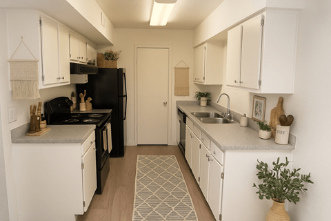 A kitchen with black appliances and white cabinets.