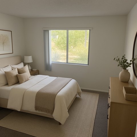 A bedroom with a large bed and a window with a view of greenery outside.