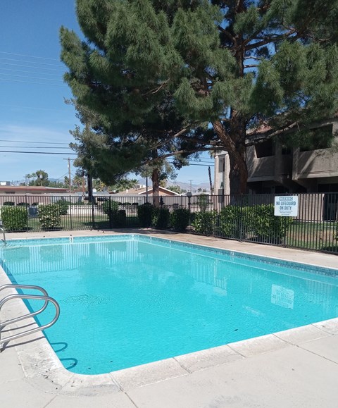 A pool surrounded by trees and a fence with a sign on it.