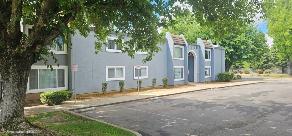 A multifamily housing building with a tree in the foreground.