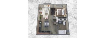 A top-down view of a small apartment with a kitchen, living room, and bedroom.