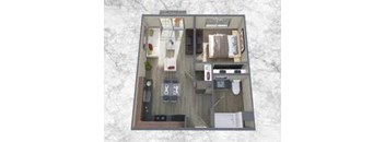A top-down view of a small apartment with a kitchen, living room, and bedroom.