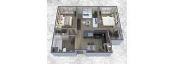 A top-down view of a small, neatly organized apartment.