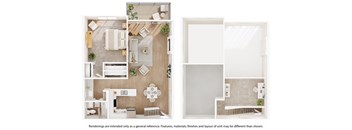 A floor plan of a house with a kitchen, living room, and bathroom.