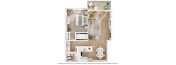A top-down view of a modern, minimalist apartment layout with a kitchen, living room, and bedroom.