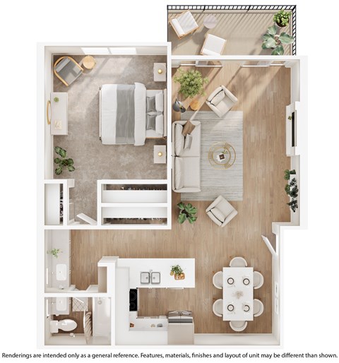 A top-down view of a modern, minimalist apartment layout with a kitchen, living room, and bedroom.
