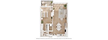 A top-down view of a modern kitchen and dining area layout.
