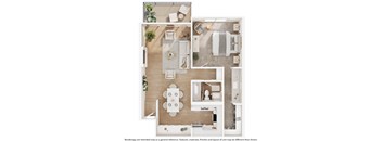 A top-down view of a well-organized apartment with a kitchen, living room, and bathroom.