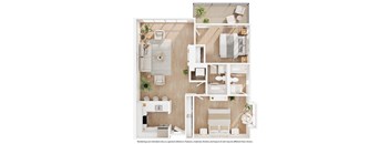 A top-down view of a small apartment layout with a kitchen, living room, and bedroom.