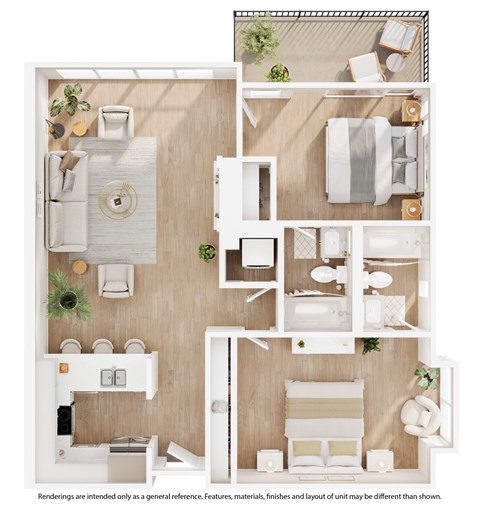 A top-down view of a small apartment layout with a kitchen, living room, and bedroom.