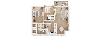 A top-down view of a small apartment layout with a kitchen, living room, and bathroom.