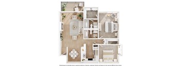 A floor plan of a house with a kitchen, living room, dining room, and bathroom.