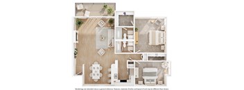 A floor plan of a house with a kitchen, living room, dining room, and bathroom.