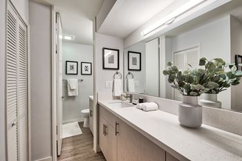 A bathroom with a white counter and a mirror.