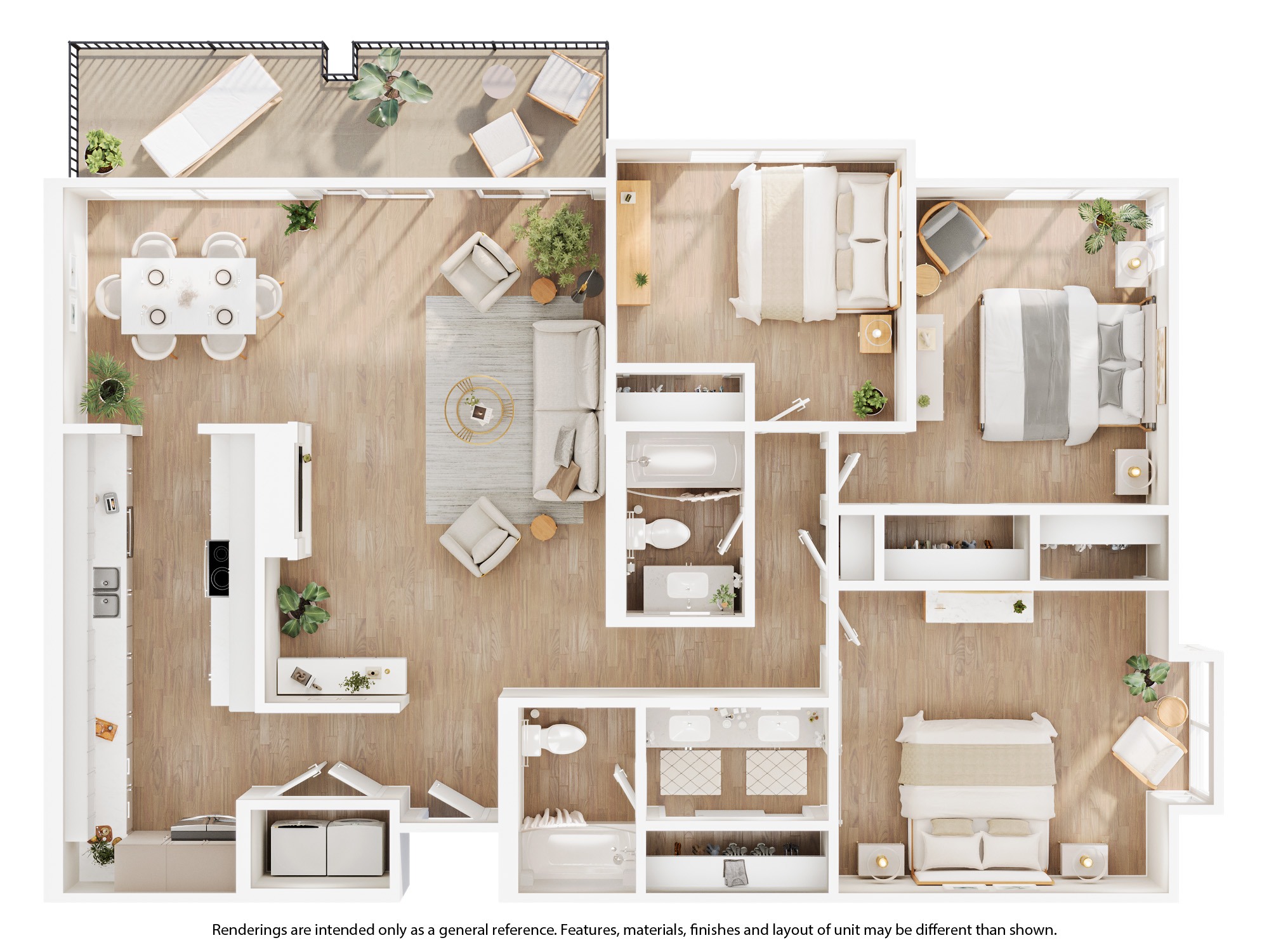 A top-down view of a house layout with a kitchen, living room, and bedrooms.