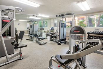 A gym with a variety of equipment including a leg press machine at Casa Granada, California, 90049