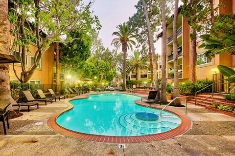 Pool at dusk at Casa Granada Apartment Homes