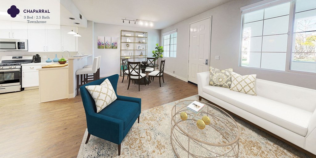 Chaparral - living room, dining area, and kitchen at Mission Hills Apartment Homes