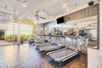 a gym with treadmills and a tv in a room with windows at Villa Vicente, California