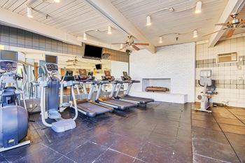 a gym with cardio equipment and a fireplace at Villa Vicente, California, 90019