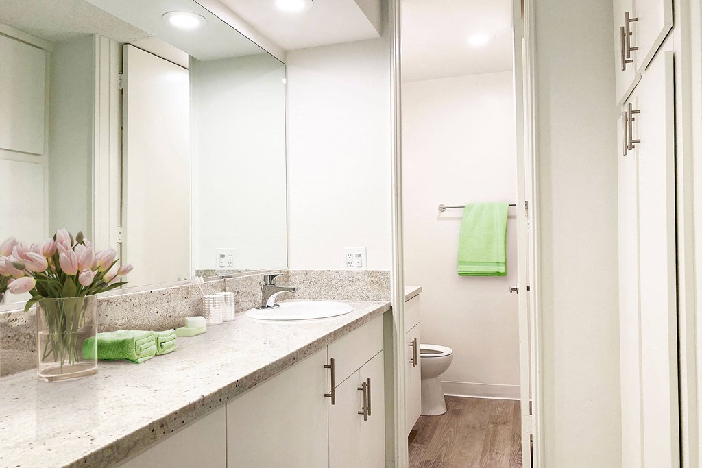 a bathroom with a sink and a toilet and a mirror  at Casa Granada, Los Angeles