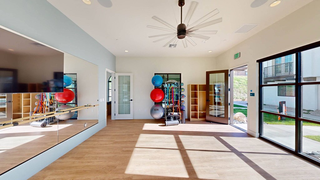 a gym with a bunch of balls and a glass door at The Villas at Anacapa Canyon, Camarillo