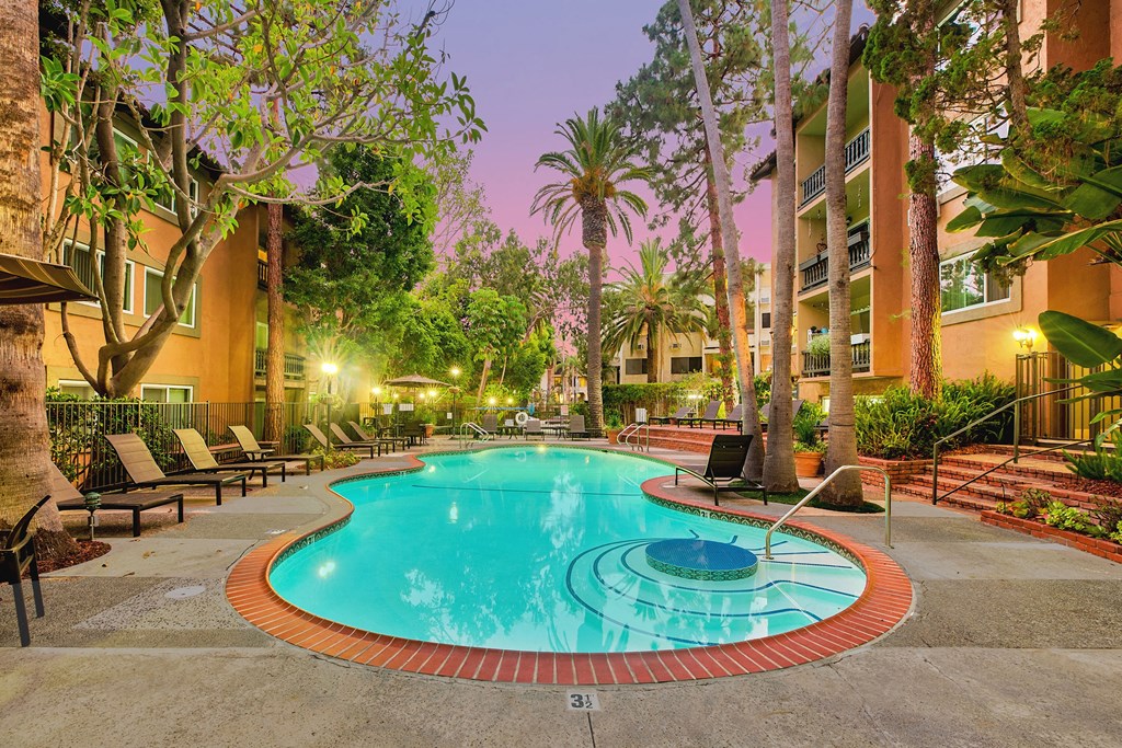 the swimming pool at night at the apartments for rent the swimming pool at night at the apartments for rent at Casa Granada, Los Angeles, 90049
