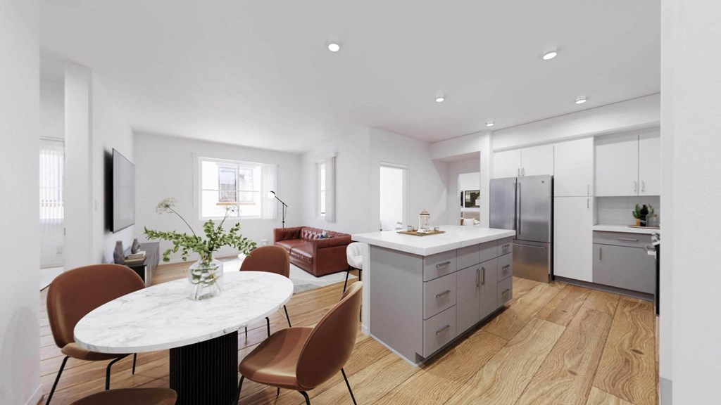 a living room and kitchen with a table and chairs at The Villas at Anacapa Canyon, Camarillo, 93012
