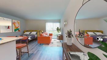a room with two beds and a table and a mirror  at Rancho Los Feliz, Los Angeles, 90039