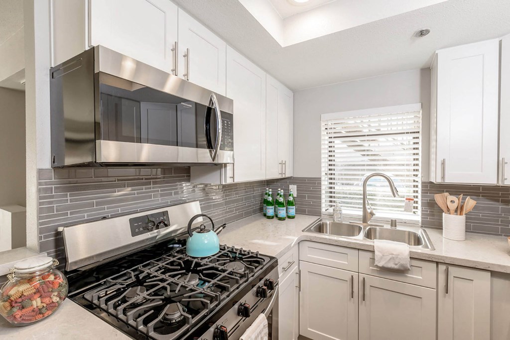 A kitchen with a gourmet stove and a sink