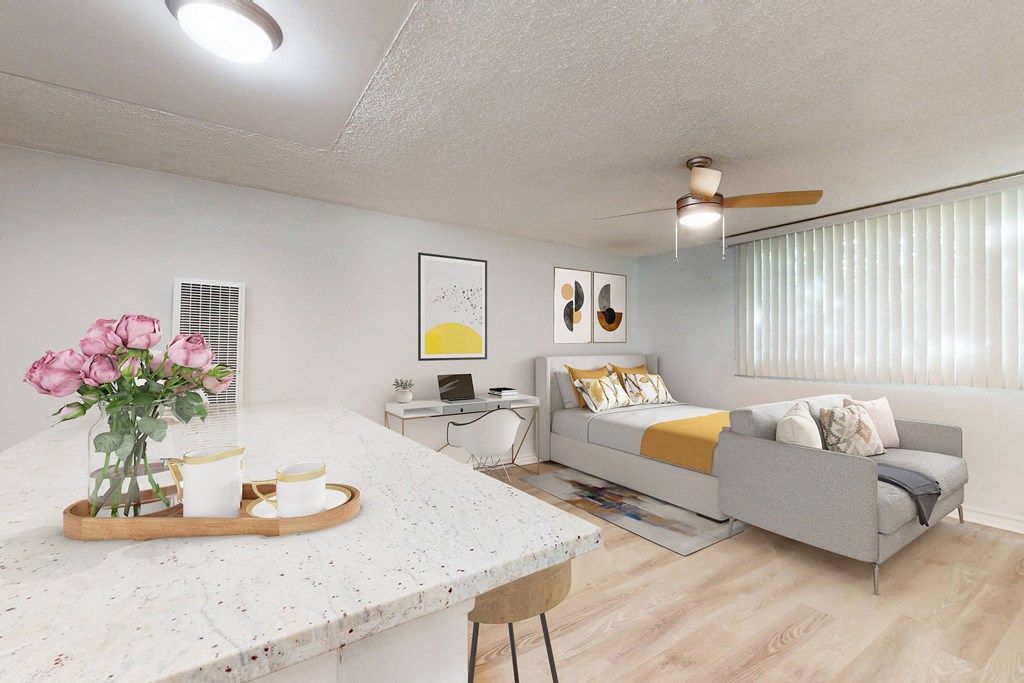 a living room with a kitchen and a bed at Casa Granada, Los Angeles, CA, 90049