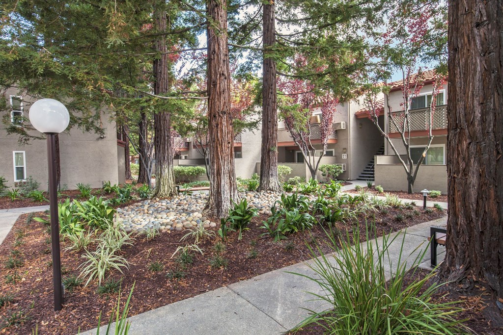a courtyard with trees and a sidewalk in front of a building at Valley Plaza Villages, California