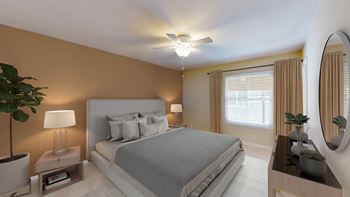 a bedroom with a bed and a ceiling fan at Valley Plaza Villages, Pleasanton, CA