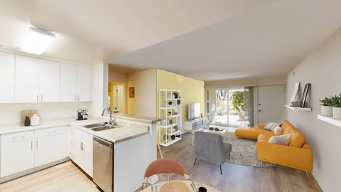 One Bedroom Apartment Kitchen-Living at West Park Village, Los Angeles, California