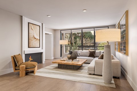 A modern living room with a fireplace, a sofa, a chair, and a rug.