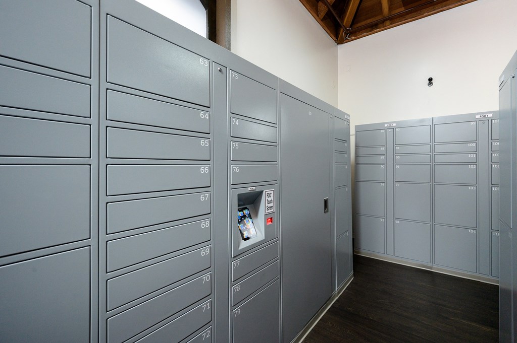 A row of grey lockers numbered from 64 to 70 at Mariners Village, Marina del Rey, 90292